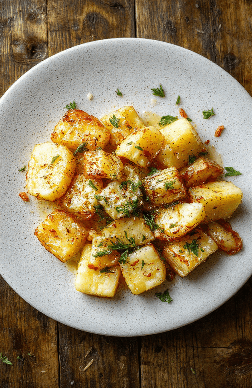 Das Gericht zeigt saftiges Hähnchenbrustfilet mit knuspriger Parmesan-Kruste, umgeben von goldbraunen Kartoffeln, auf einem weißen Teller mit frischer Petersilie garniert, alles vor einem hellen Holztisch, im natürlichen Licht aufgenommen.