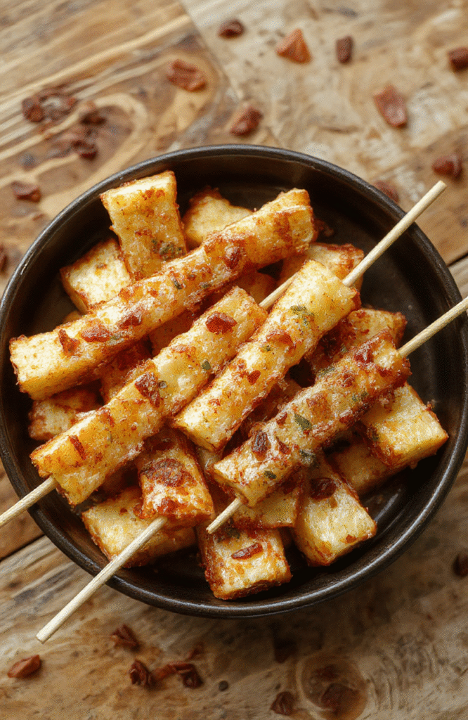 Bunte Apfelsticks in einem goldbraunen, knusprigen Teigmantel, die im Airfryer auf einem weißen Teller angerichtet sind, neben frischen Äpfeln. Das Bild zeigt die knusprige Textur, die saftigen, süßen Fruchtstücke und eine helle, natürliche Beleuchtung mit weichen Schatten.