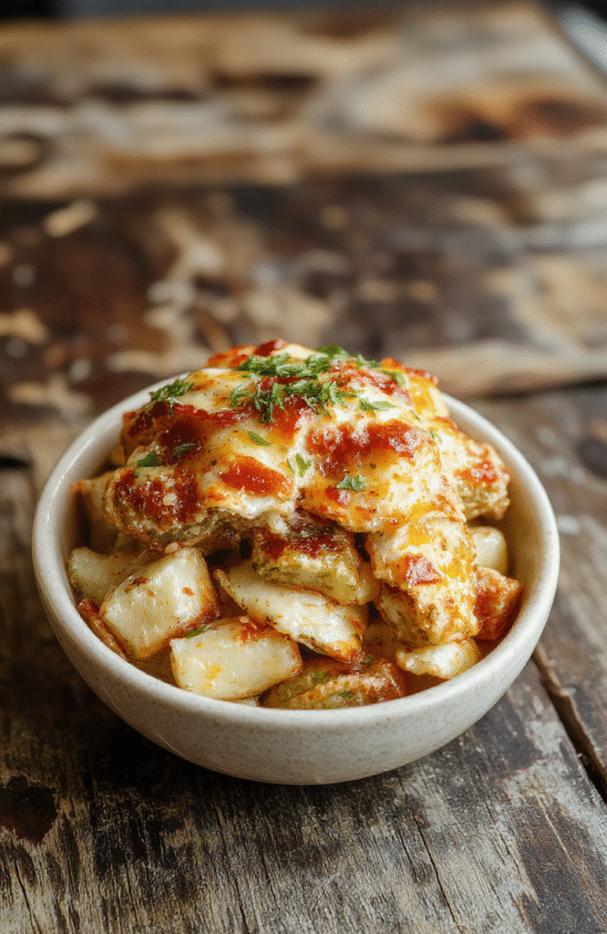 Bunte, goldbraune Kartoffeln in einer Glas-Teller, glasiert mit Honig und Chili, knusprig außen, weich innen, auf einem rustikalen Holzbrett, dekorativ mit frischer Chili und Honigtröpfchen, appetitlich und einladend.