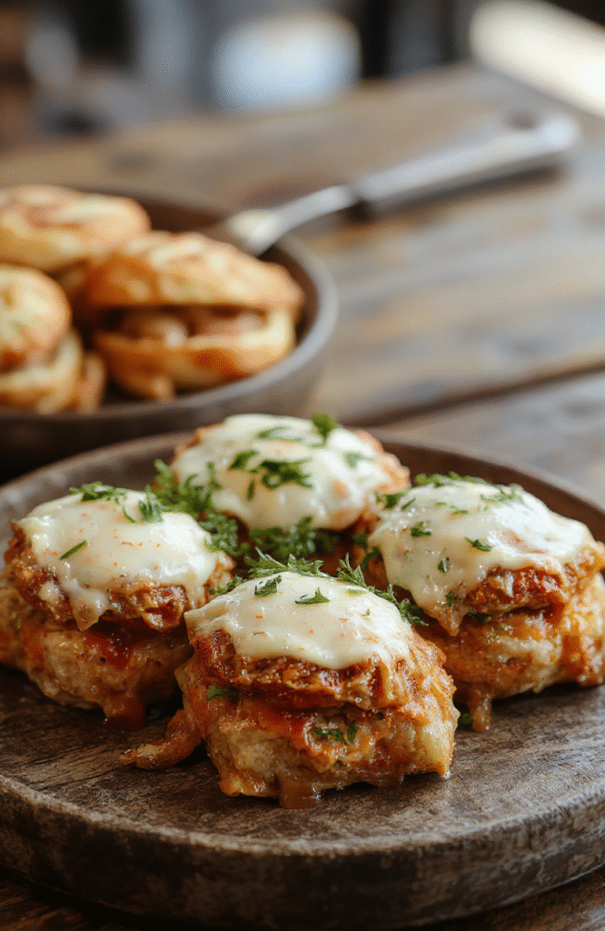 Goldbraune Kartoffel-Käse-Sticks auf einem weißen Teller, außen knusprig und innen weich, mit geschmolzenem Käse, garnierte mit frischen Kräutern, stimmungsvoll beleuchtet