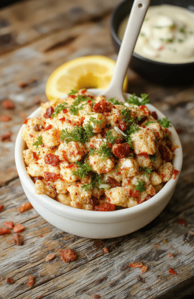Bunte knusprige Kartoffelspalten auf einem weißen Teller, garniert mit frischen Kräutern und serviert mit einem cremigen Gurkendip, grazing Stil, appetitlich und frisch