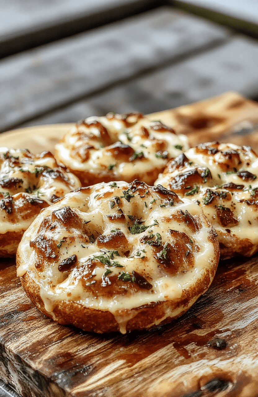 Knuspriger Flammkuchen in Form von Brezeln, goldbraun gebacken, garniert mit Zwiebeln und Speck, elegant auf einem rustikalen Holzbrett präsentiert, mit frischen Kräutern verziert, appetitlich und einladend.