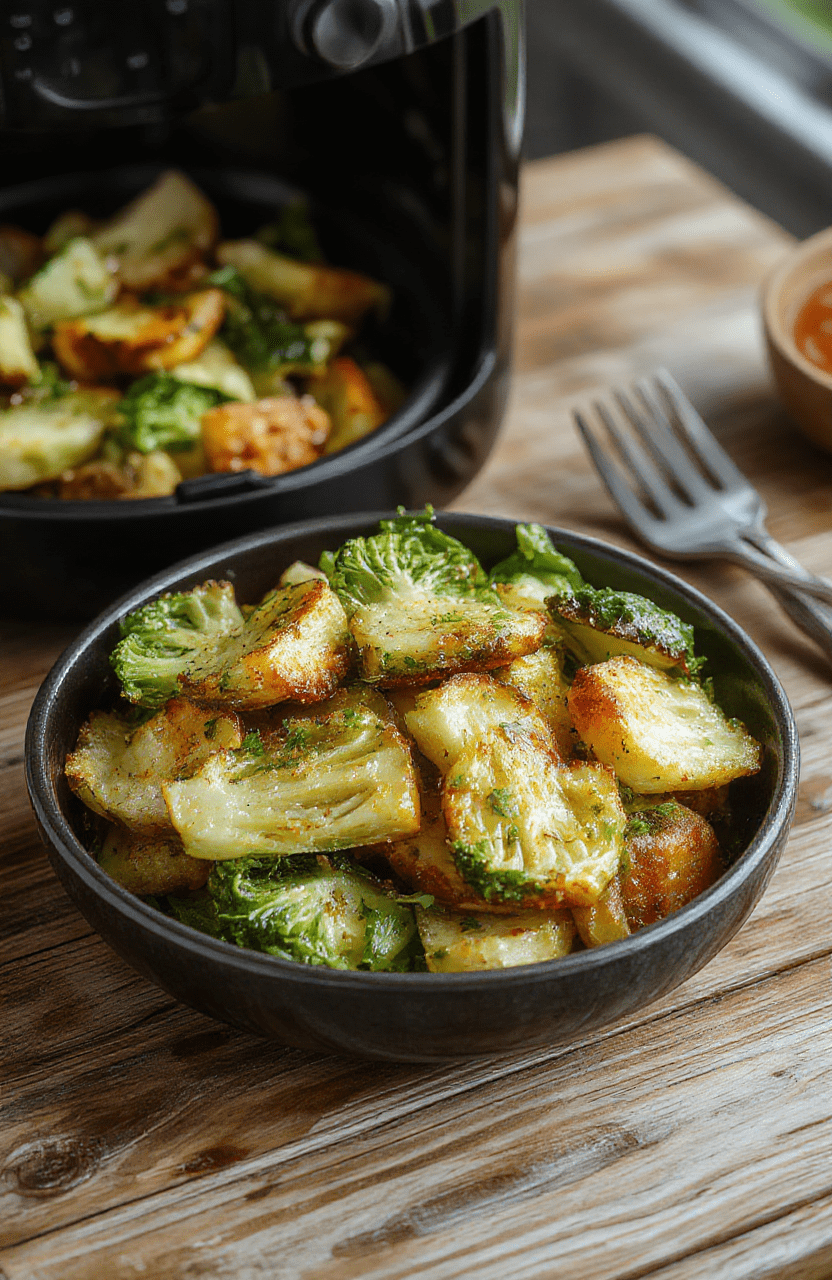 Knuspriger Blumenkohl im Airfryer, goldbraun und knusprig, auf weißem Teller serviert, mit einer leichten Panade, fein gewürzt, vor einem neutralen Hintergrund, ansprechend und frisch.