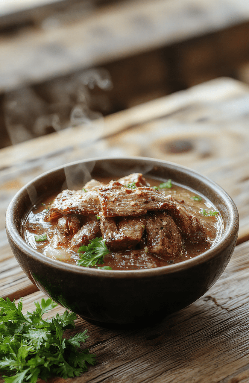Bunte koreanische Hackfleisch-Bowl auf einem weißen Teller, gefüllt mit saftigem Hackfleisch, knusprigem Gemüse, frischen Kräutern und glänzender Sesamsauce, auf einem dunklen Holztisch serviert