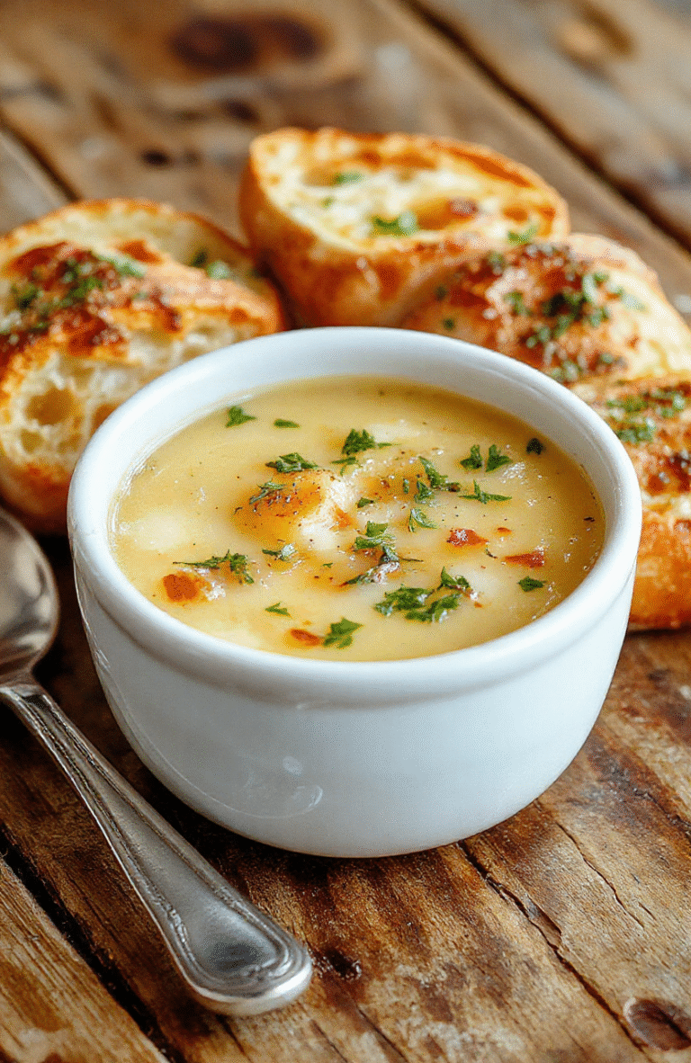 Eine dampfende Schüssel französische Zwiebelsuppe mit goldbrauner Käsekruste, serviert in einer weißen Porzellanschüssel mit knusprigem Baguette und geschmolzenem Käse, die auf einem Holzbrett aufgeschichtet ist, umgeben von frischen Kräutern.