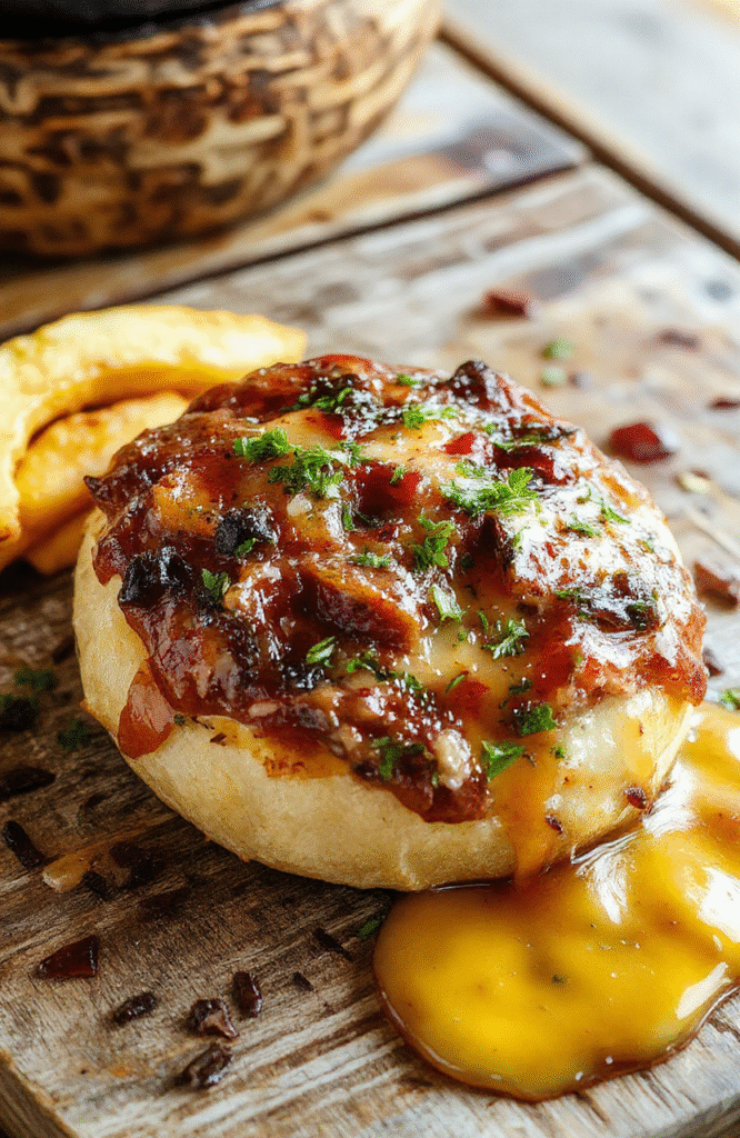 Bunt gedeckter Schaschliktopf auf einem rustikalen Holzbrett, mit saftigem Fleisch, buntem Paprika, Zwiebeln und einer cremigen, dunklen Soße. Das Gericht ist schön angerichtet mit frischen Kräutern und sieht köstlich und einladend aus.