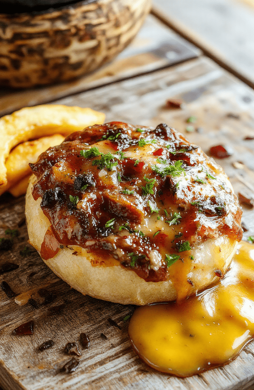 Bunt gedeckter Schaschliktopf auf einem rustikalen Holzbrett, mit saftigem Fleisch, buntem Paprika, Zwiebeln und einer cremigen, dunklen Soße. Das Gericht ist schön angerichtet mit frischen Kräutern und sieht köstlich und einladend aus.