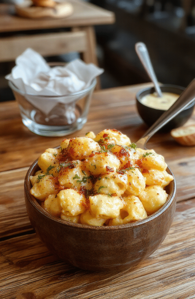 Hellgelbe cremige Makkaroni mit geschmolzenem Käse, serviert auf einem weißen Teller, umgeben von frischen Kräutern und einem goldbraunen Brot oder Toast im Hintergrund, wohlige Atmosphäre, appetitlich und einladend