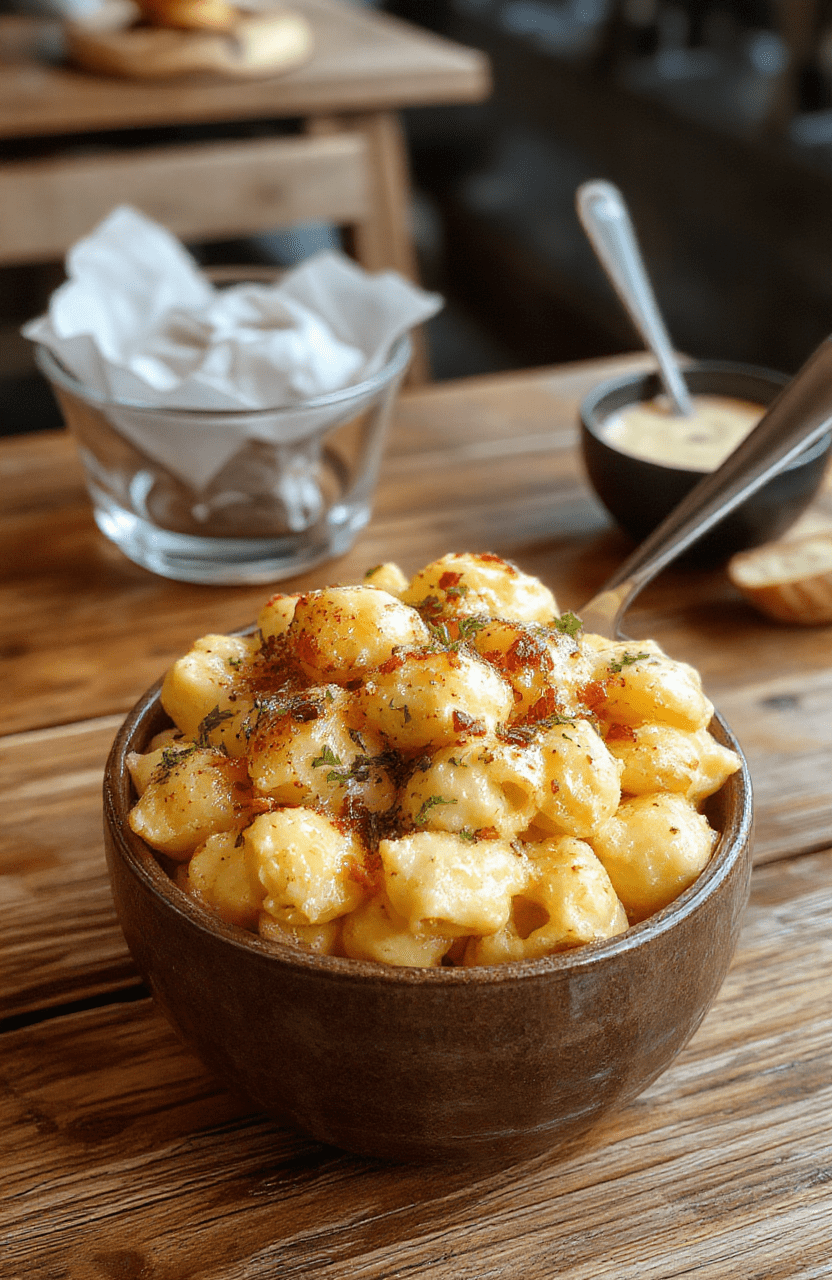 Hellgelbe cremige Makkaroni mit geschmolzenem Käse, serviert auf einem weißen Teller, umgeben von frischen Kräutern und einem goldbraunen Brot oder Toast im Hintergrund, wohlige Atmosphäre, appetitlich und einladend