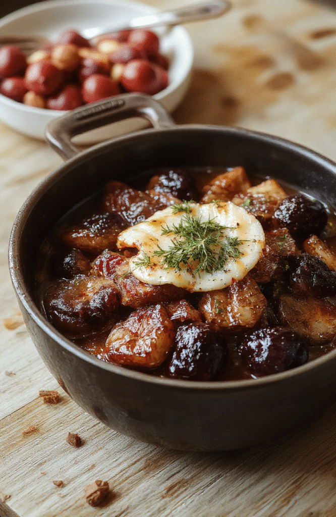 Bunt angerichtete Kürbis Hähnchen Pfanne auf einem weißen Teller, mit goldbraunem Hähnchen, orange Hokkaido Kürbiswürfeln, frischer Petersilie, cremigem Reis, alles ansprechend serviert und ansprechend dekoriert