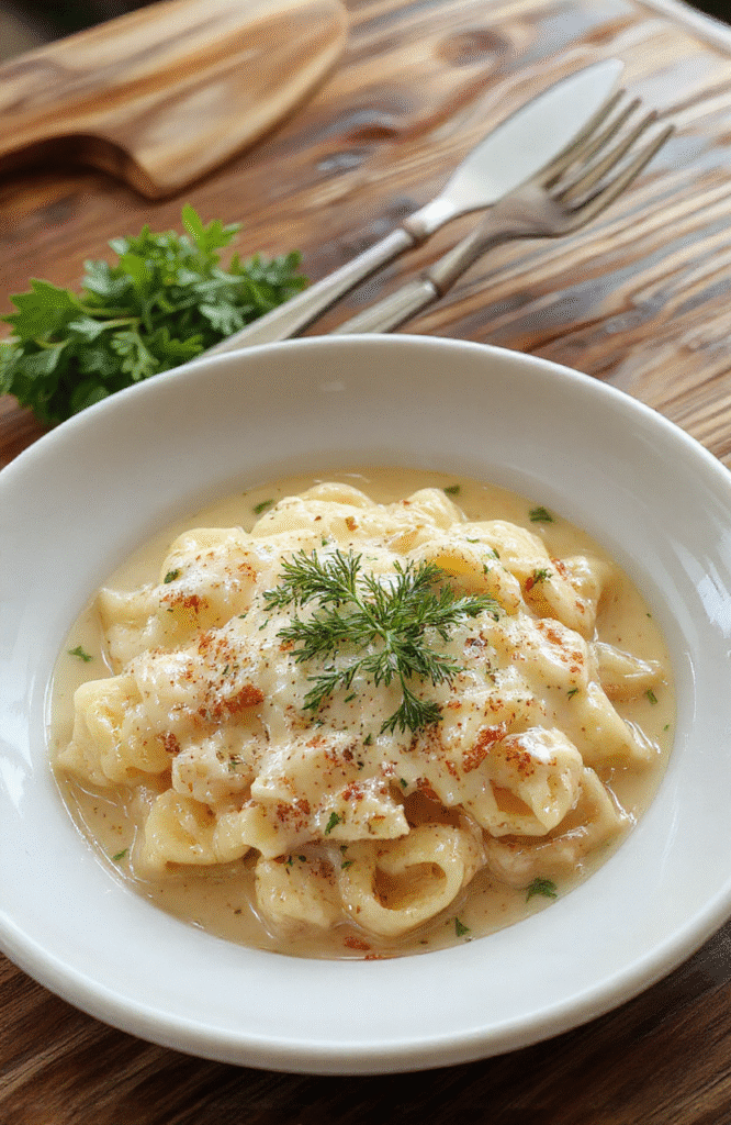 Ein cremiges Hähnchen Alfredo auf einem weißen Teller, garniert mit frisch gehackter Petersilie, mit goldbraunen Hähnchenstücken, cremiger Soße, serviert auf einem dunklen Holztisch, natürlich beleuchtet.