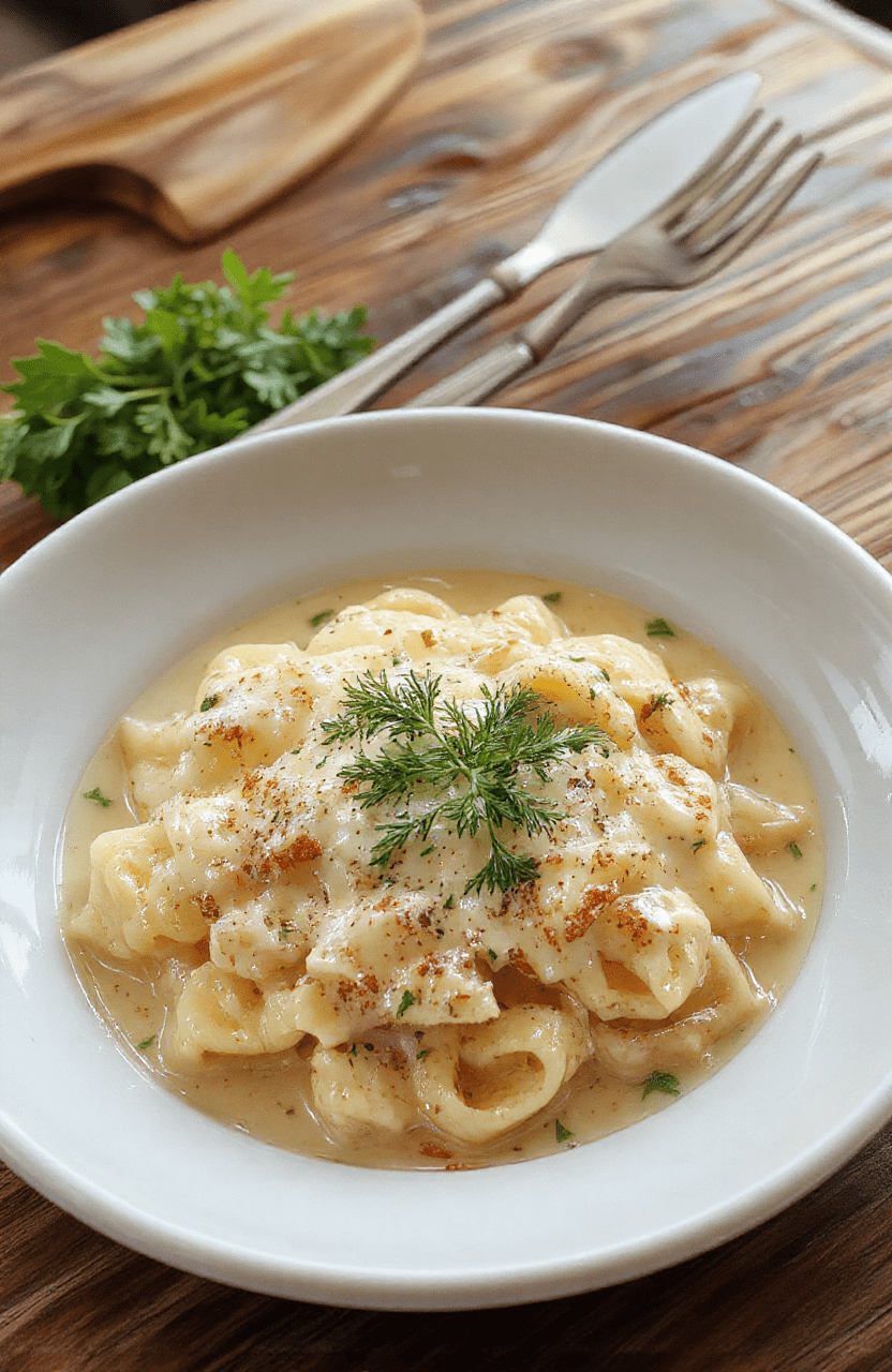Ein cremiges Hähnchen Alfredo auf einem weißen Teller, garniert mit frisch gehackter Petersilie, mit goldbraunen Hähnchenstücken, cremiger Soße, serviert auf einem dunklen Holztisch, natürlich beleuchtet.