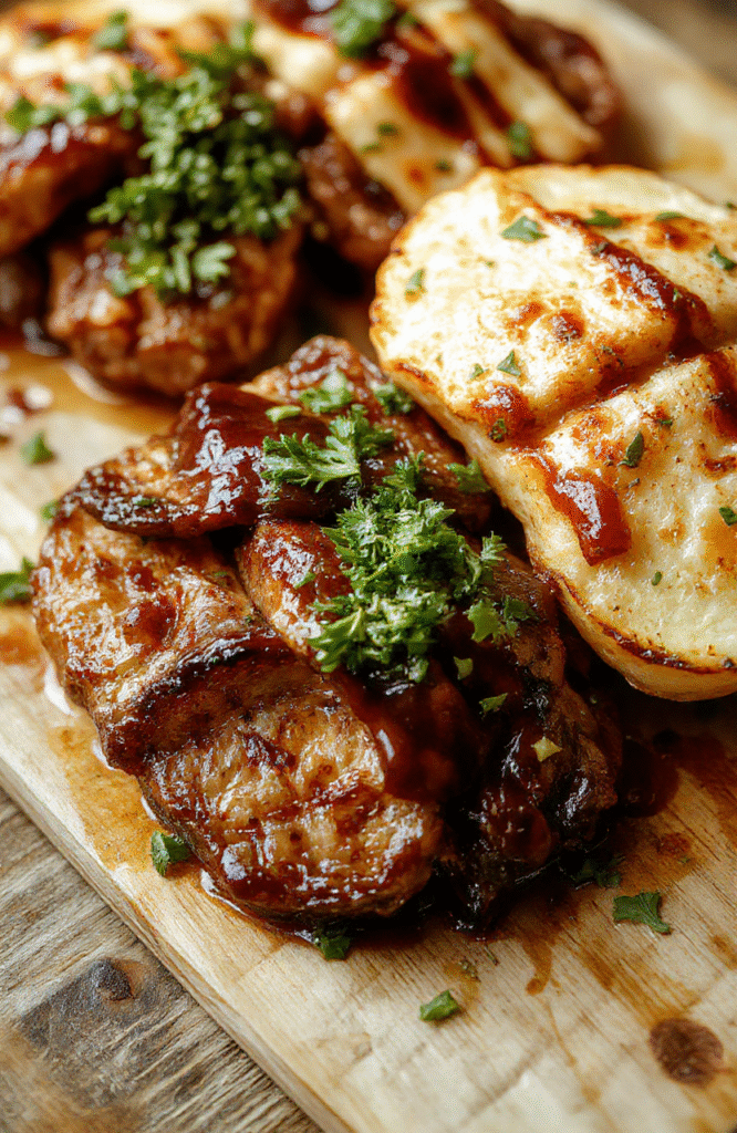 Bunter Hokkaido-Kürbis in Scheiben geschnitten, gebacken mit goldbrauner Oberfläche, glattweißer Feta darüber, auf einem rustikalen Holztisch serviert, mit frischen Kräutern garniert, das Gericht sieht warm und einladend aus, mit weichen Texturen und angenehmen Farben.