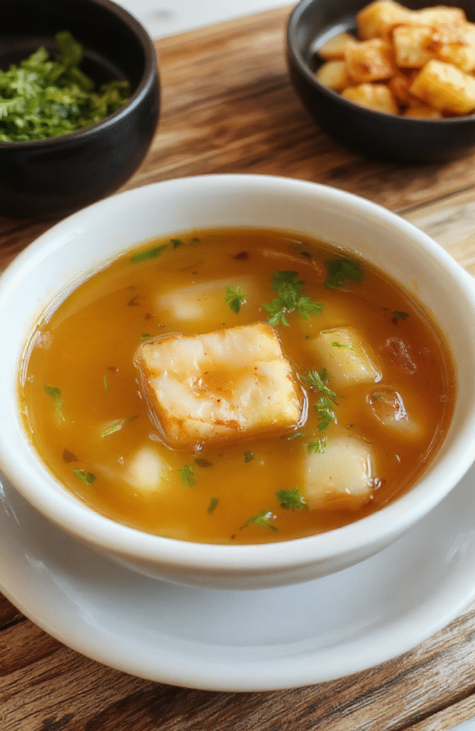 A clear, steaming bowl of Japanese soup with delicate green onions, translucent broth, and thin slices of tofu, elegantly arranged on a minimalist white plate with subtle garnishes, illuminated by soft natural light highlighting the transparent and inviting appearance of the dish