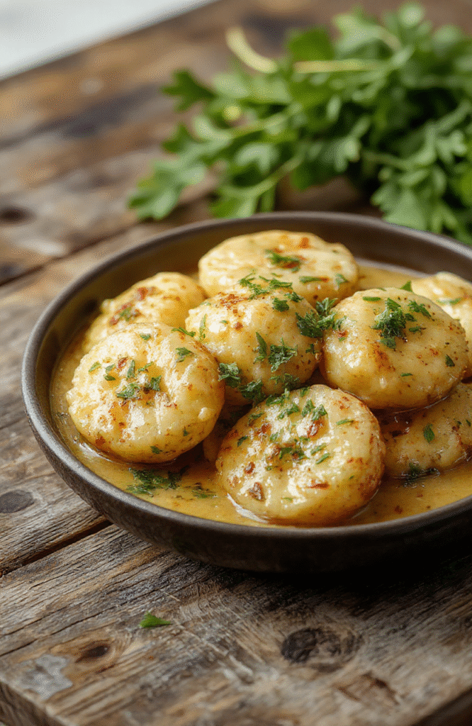 Bunte Linsenbällchen auf einem weißen Teller, umgeben von einer cremigen, goldgelben Curry-Soße, garniert mit frischem Koriander, serviert auf einem rustikalen Holztisch