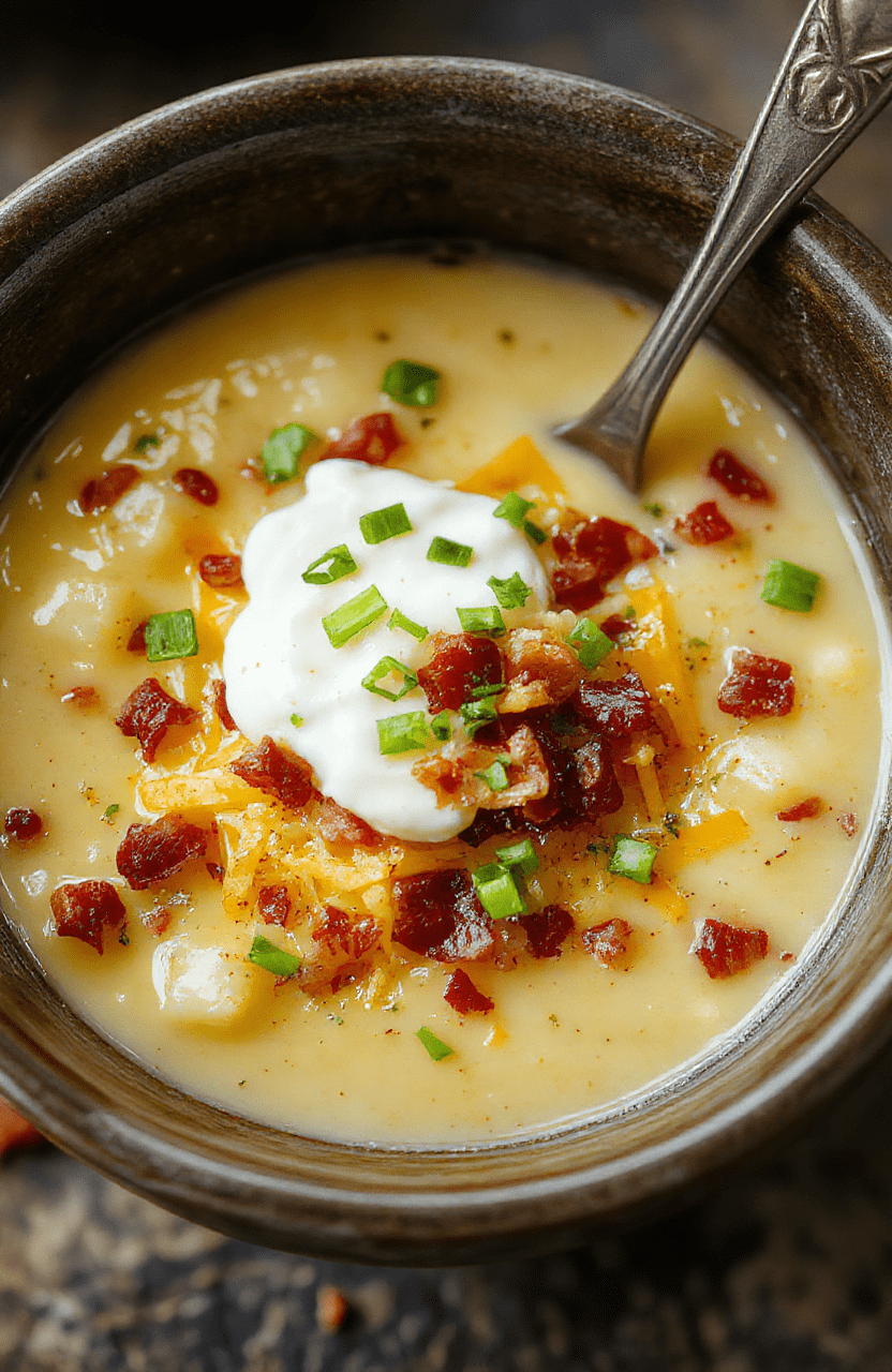 A rich and creamy loaded potato soup in a rustic crockpot bowl, topped with shredded cheese, chopped bacon, green onions, and sour cream, with a crispy golden crust of baked potato skins on the side, vibrant green onions add a fresh touch, styled on a wooden table with natural light highlighting the textures and colors.