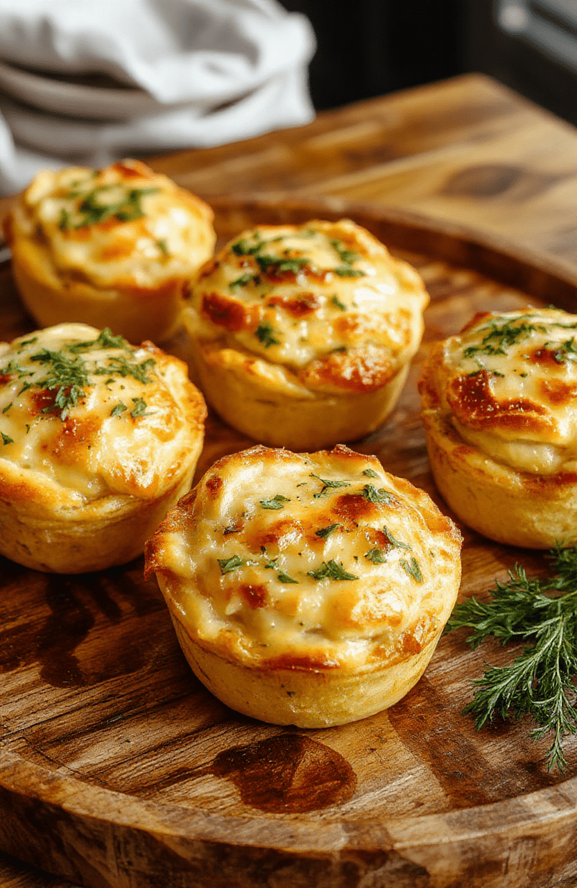 Colorful mini chicken pot pies arranged on a rustic wooden plate, golden crust with flaky textures, filled with creamy chicken and vegetable filling, garnished with fresh herbs, styled simply for inviting comfort food appeal.