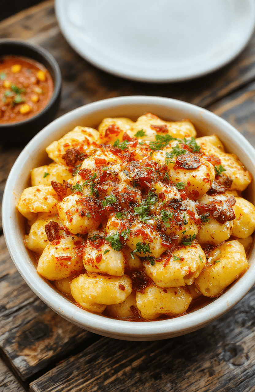 A vibrant plate of Monster Mac and Cheese featuring spiral pasta coated in creamy cheese sauce, topped with eyeball-shaped meatballs and green and black food coloring accents, presented on a rustic wooden table with Halloween-themed decorations in the background.