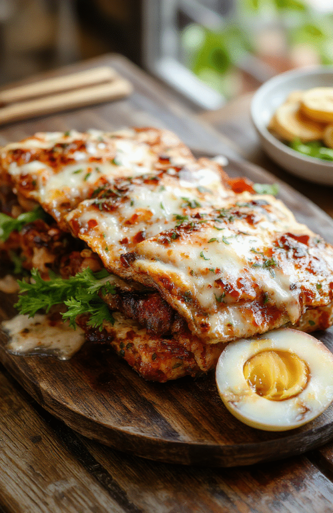 Helle Eier in cremiger, gelber Senfsoße auf einem weißen Teller, garnierte mit frischen Kräutern, serviert auf einem rustikalen Holztisch, sommerlich helles Licht, appetitlich und einladend