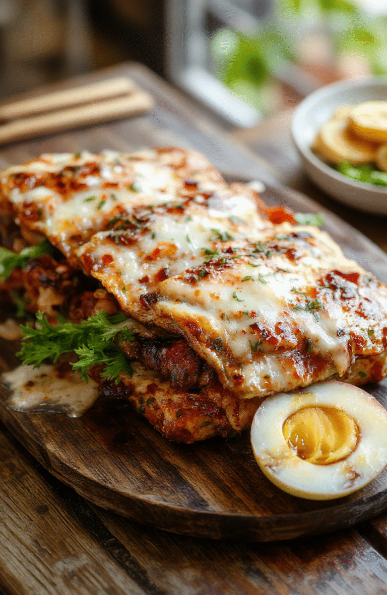 Helle Eier in cremiger, gelber Senfsoße auf einem weißen Teller, garnierte mit frischen Kräutern, serviert auf einem rustikalen Holztisch, sommerlich helles Licht, appetitlich und einladend