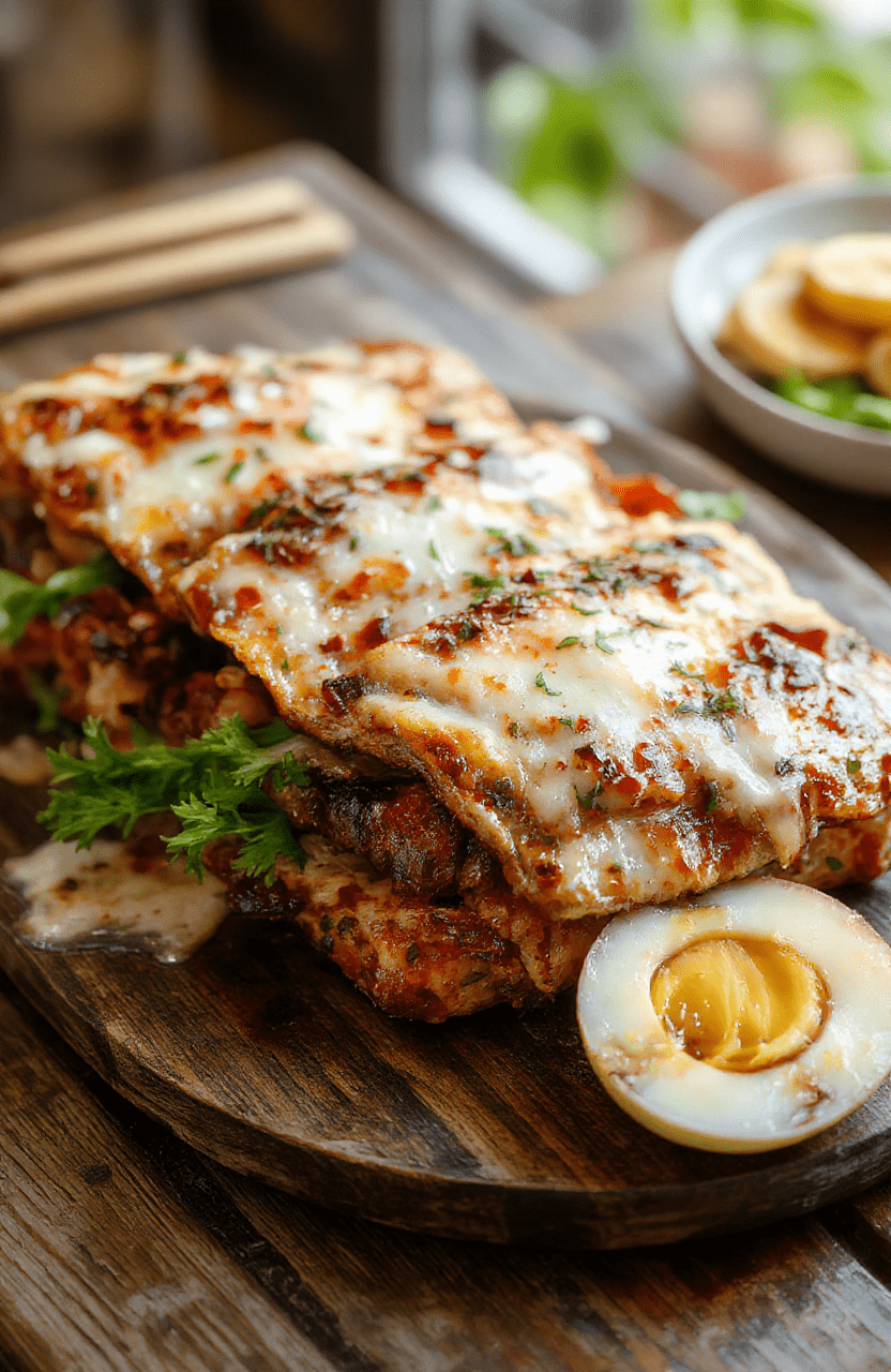 Helle Eier in cremiger, gelber Senfsoße auf einem weißen Teller, garnierte mit frischen Kräutern, serviert auf einem rustikalen Holztisch, sommerlich helles Licht, appetitlich und einladend