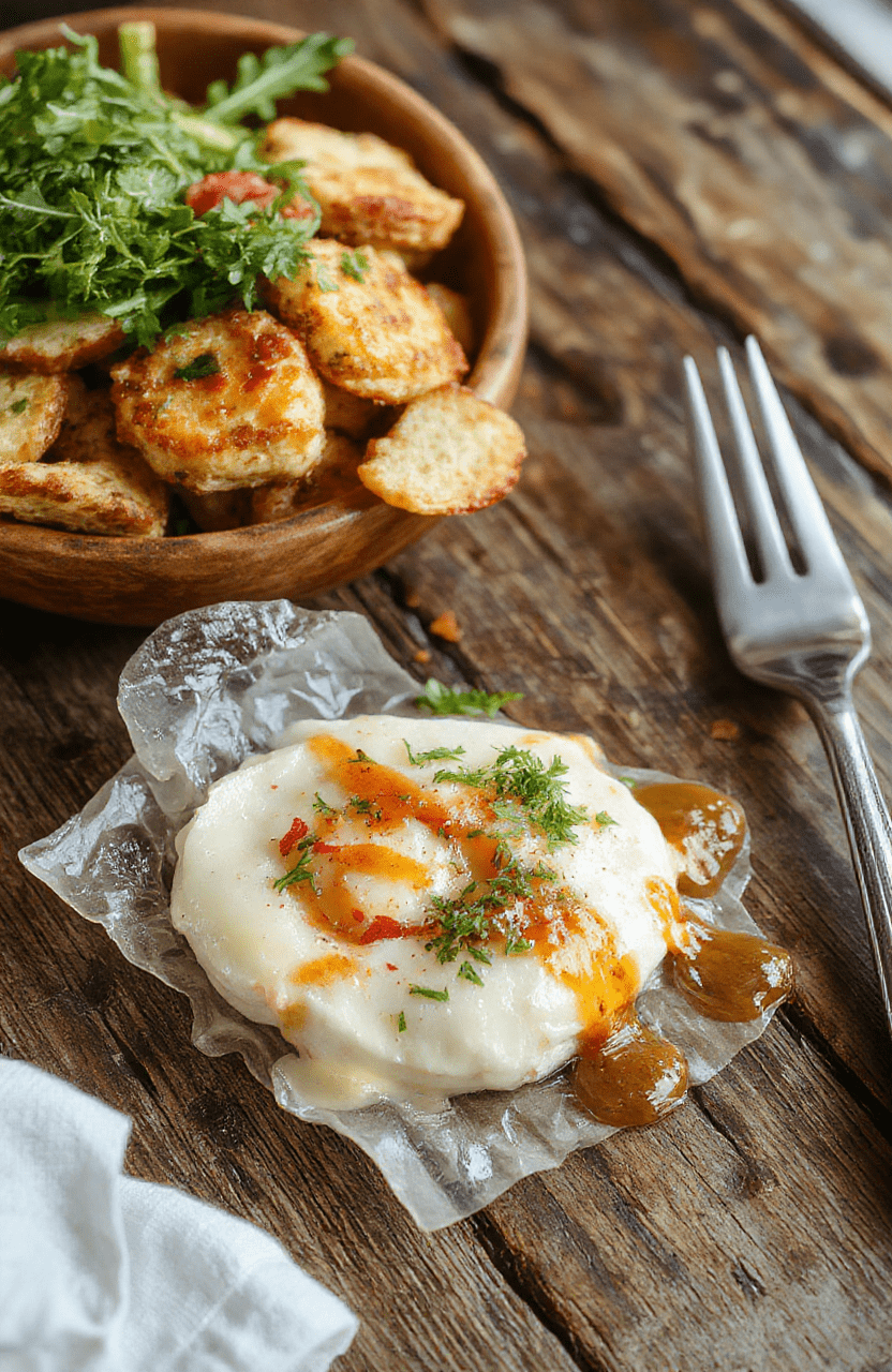 Buntes Gericht mit goldbraun gebratenem Hähnchen in cremiger Paprikasauce, serviert auf einem weißen Teller mit fluffigen Gnocchi, garniert mit frischer Petersilie, lebendige Farben, ansprechende Präsentation, rustikale Tapete im Hintergrund