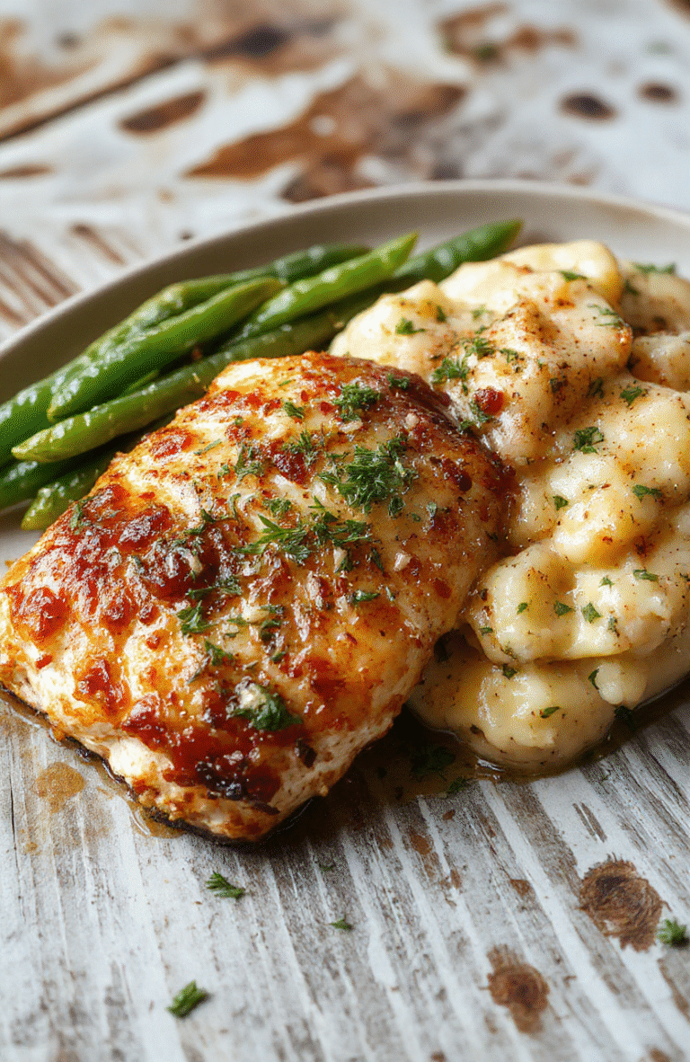 Bunter Teller mit goldbraun gebratenem Parmesan-Hähnchen, cremigem Kartoffelpüree und frisch grünen Bohnen, ansprechend angerichtet auf einem weißen Teller, mit aromatischen Kräutern dekoriert.