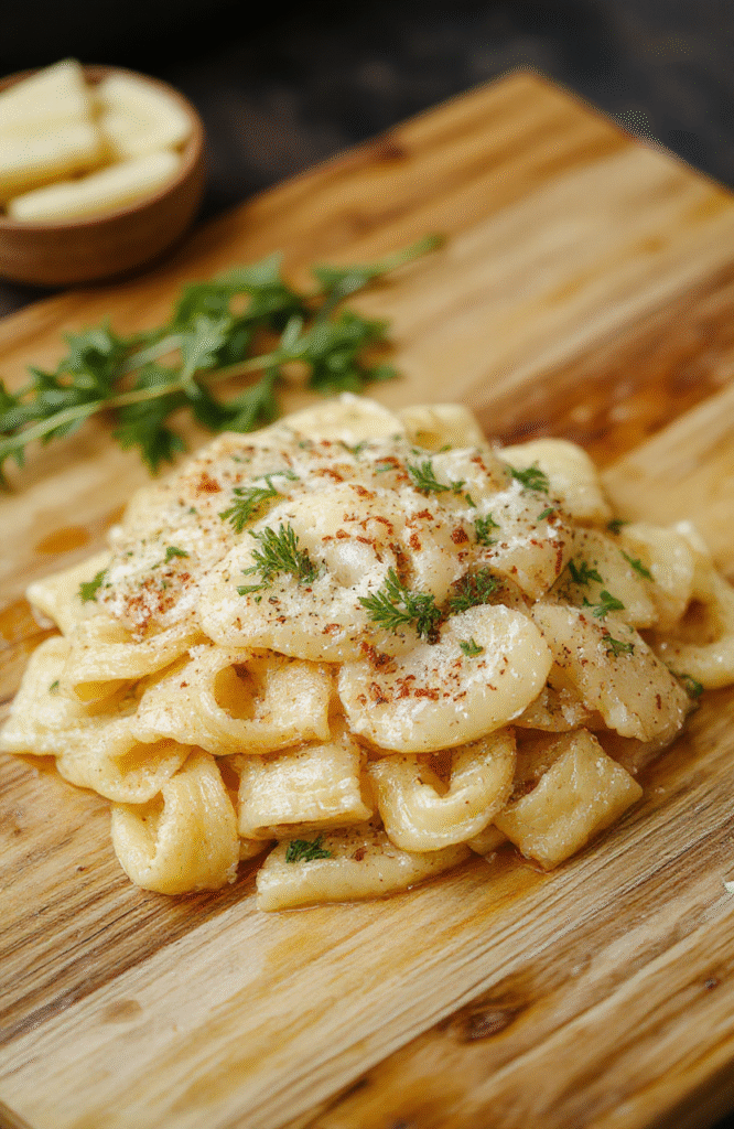 Bunter Teller mit cremiger Parmesan-Spinat-Pilz-Pasta, schön angerichtet, mit grünen Spinatblättern, goldbraunen Pilzen und geriebenem Parmesan, serviert auf einem weißen Teller, im natürlichen Licht, rustikalem Hintergrund