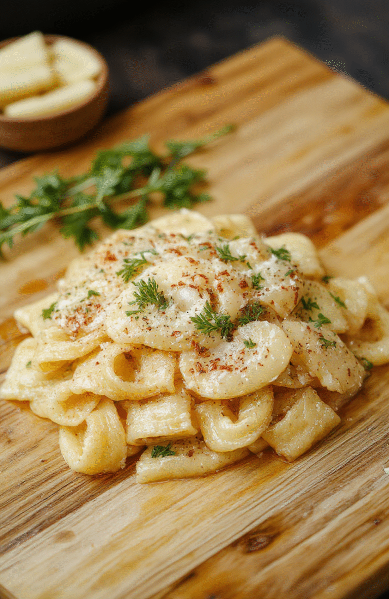 Bunter Teller mit cremiger Parmesan-Spinat-Pilz-Pasta, schön angerichtet, mit grünen Spinatblättern, goldbraunen Pilzen und geriebenem Parmesan, serviert auf einem weißen Teller, im natürlichen Licht, rustikalem Hintergrund