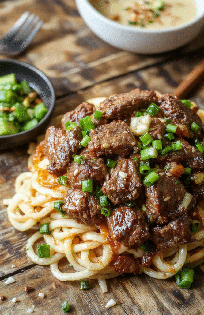 A vibrant plate of Mongolian ground beef noodles featuring glossy stir-fried beef and vegetables atop tender noodles, garnished with green onions and sesame seeds, styled on a rustic wooden table with a casual yet appetizing presentation.