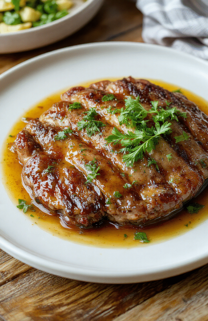 A perfectly cooked golden-brown pan-seared steak topped with a glossy butter sauce, served on a rustic white plate with a side of green herbs, vibrant juices glistening, styled simply on a wooden table.