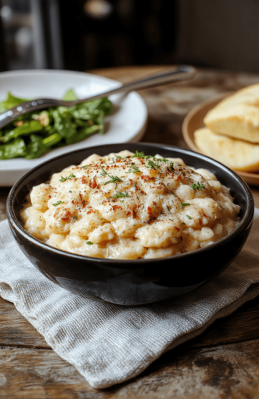 Helles Risotto mit zarten Champignons, dekorativ in einer weißen Schüssel angerichtet, daneben frische Pilze und grüner Schnittlauch. Das Gericht sieht cremig und ansprechend aus, mit einer knusprigen Kruste am Rand.