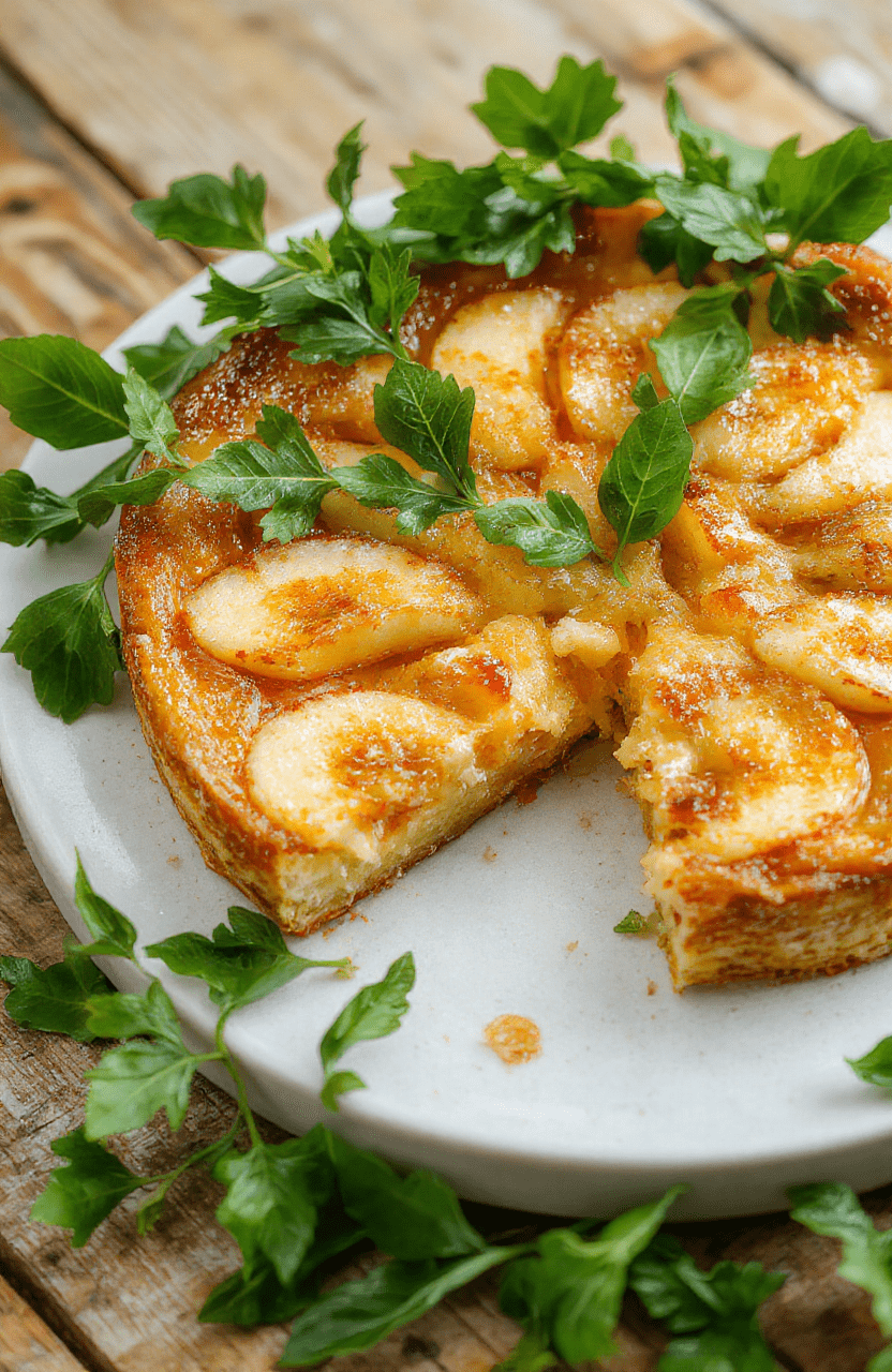 Ein saftiger Apfelkuchen auf einem weißen Teller, goldbraune Kruste, frische Apfelscheiben als Topping, umgeben von grünen Blättern, lichtdurchflutet, einladend und appetitlich