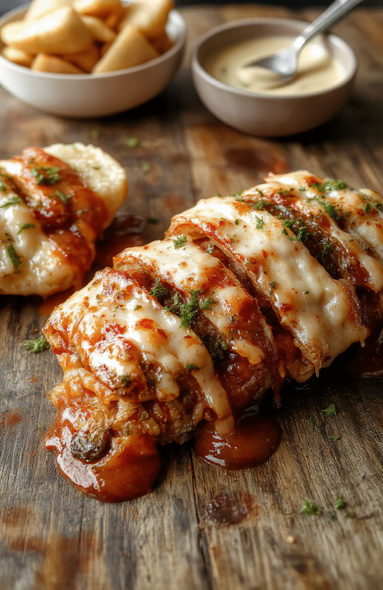 Ein bunter Teller mit rotem Paprikageschirr, zart gekochten Würstchen, Zwiebeln und Paprika in einer reichhaltigen, aromatischen Sauce, serviert auf einem rustikalen Holztisch, mit frischen Kräutern garniert, appetitlich und einladend.