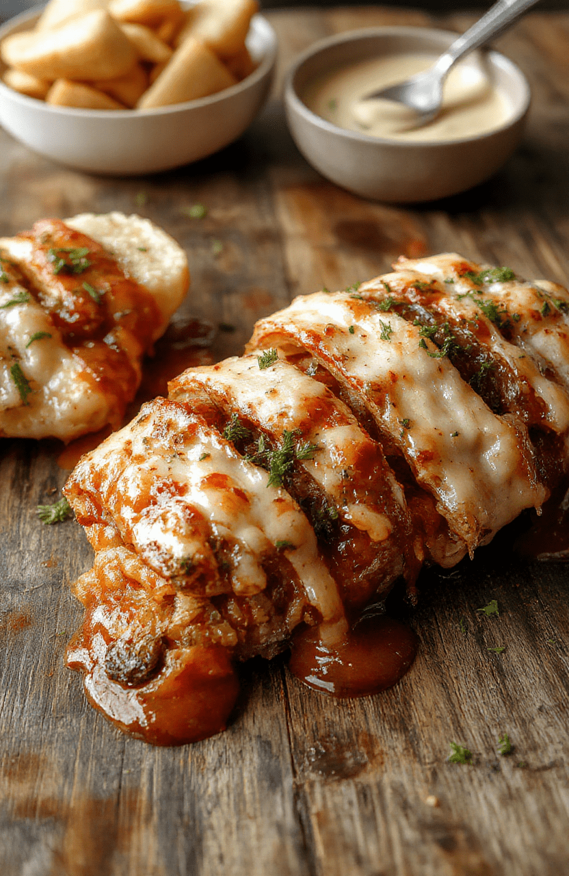 Ein bunter Teller mit rotem Paprikageschirr, zart gekochten Würstchen, Zwiebeln und Paprika in einer reichhaltigen, aromatischen Sauce, serviert auf einem rustikalen Holztisch, mit frischen Kräutern garniert, appetitlich und einladend.