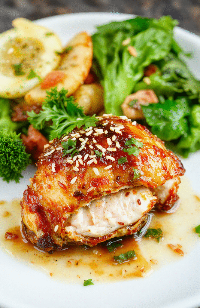 Buntes Sesam Hähnchen auf einem weißen Teller, umgeben von frischem Gemüse, knusprig und goldbraun, mit Sesamsamen bestreut, stilvoll angerichtet, leicht glänzend durch eine asiatische Sauce, die Textur ist knackig und zart zugleich.