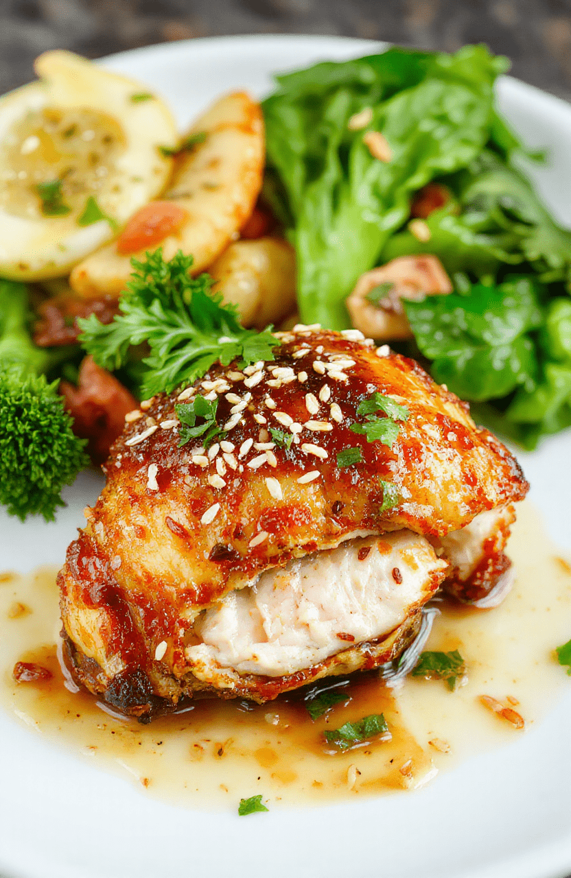 Buntes Sesam Hähnchen auf einem weißen Teller, umgeben von frischem Gemüse, knusprig und goldbraun, mit Sesamsamen bestreut, stilvoll angerichtet, leicht glänzend durch eine asiatische Sauce, die Textur ist knackig und zart zugleich.