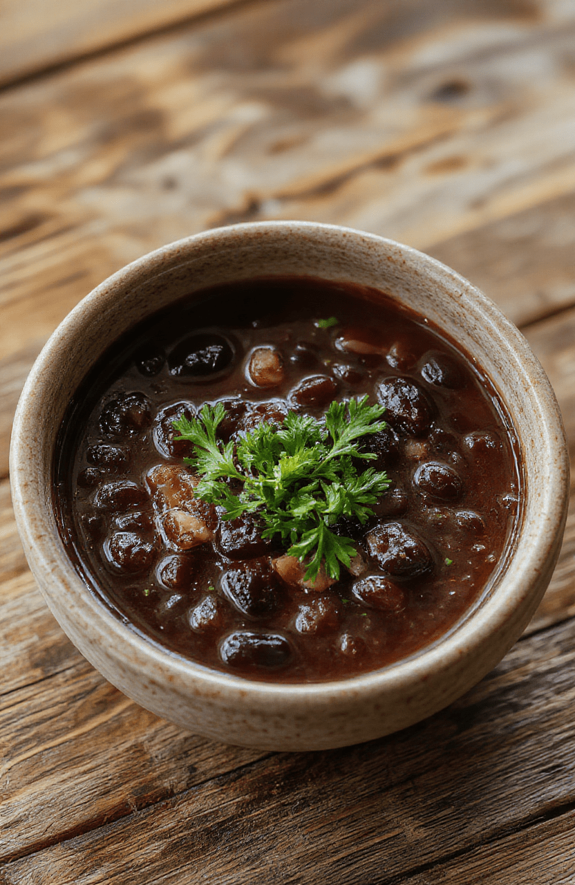 A vibrant bowl of black bean soup with a rich, dark color, topped with fresh cilantro and a dollop of sour cream, served on a rustic wooden table with a spoon resting beside it, highlighting the creamy texture and garnished with lime wedges and shredded cheese.