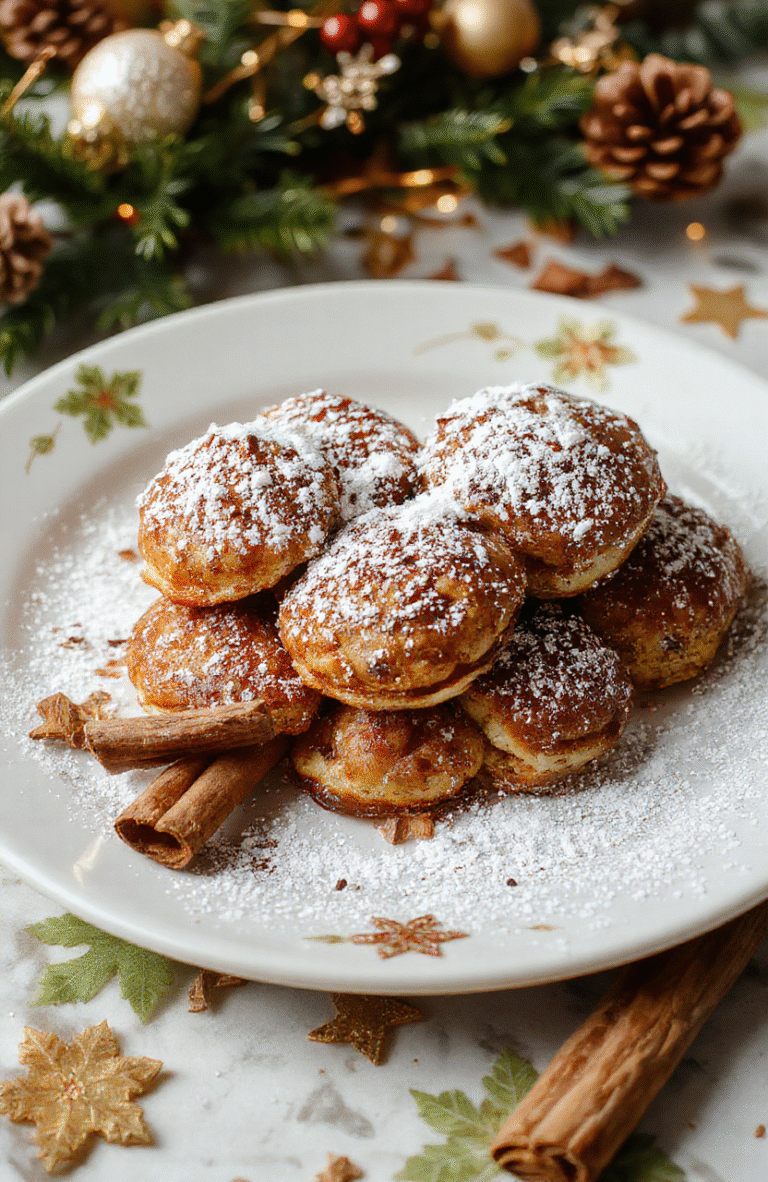 Bunte Spekulatius Kugeln auf einem stilvollen Teller, umgeben von Zimtstangen und gepudertem Zucker, mit weihnachtlicher Dekoration im Hintergrund, glänzend und einladend gestaltet