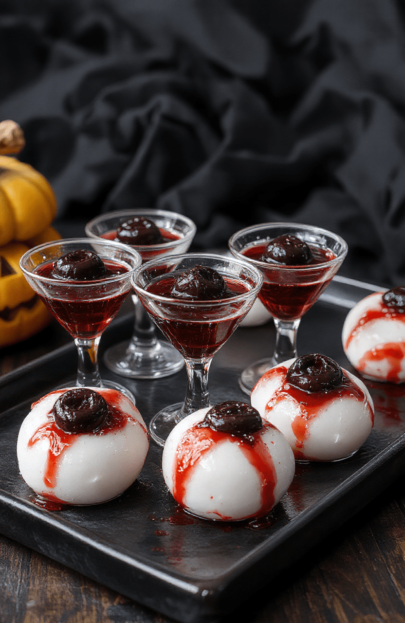 A spooky Halloween scene featuring glistening eyeball gelatin shots arranged on a black tray, with vibrant red and green colors resembling bloody eyes and fresh monster eyeballs, garnished with fake blood and creepy edible accessories, styled in a dark Halloween-themed setting with subtle lighting to enhance the eerie effect.