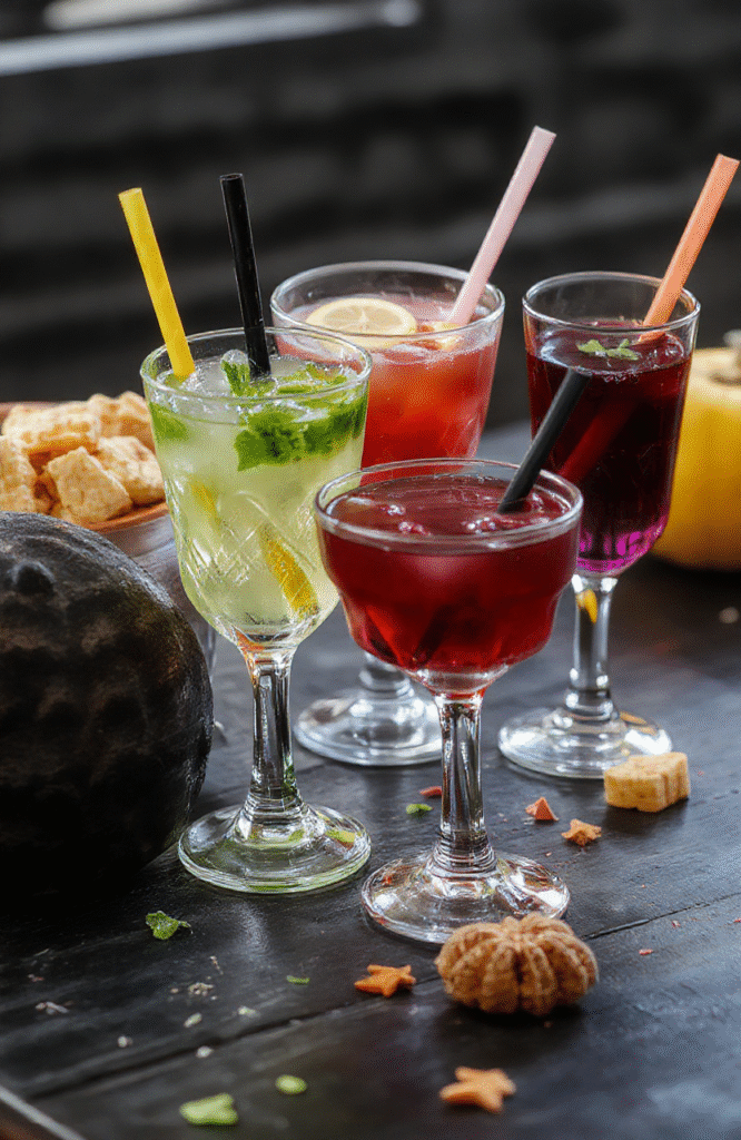 A colorful Halloween-inspired drink in a clear glass with orange and purple layers, decorated with gummy worms and a spooky umbrella, on a dark wooden table with autumn-themed decorations in the background.