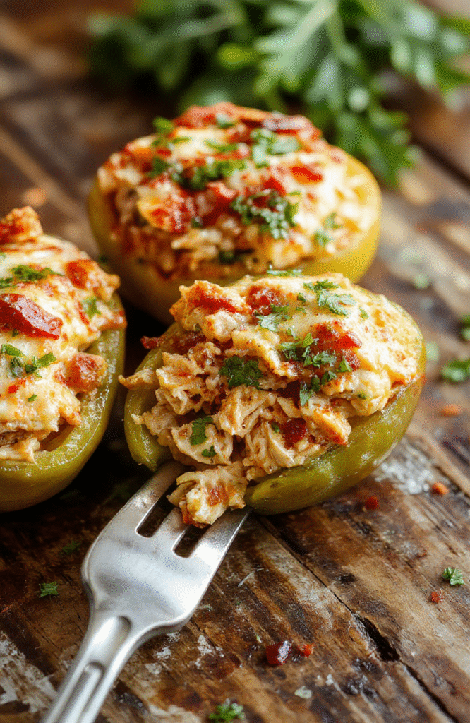 Colorful bell peppers with a slightly charred outer skin, filled with shredded chicken and rice mixture, topped with melted cheese, garnished with fresh herbs, presented on a rustic wooden platter with vibrant orange and green peppers providing a festive Halloween look.