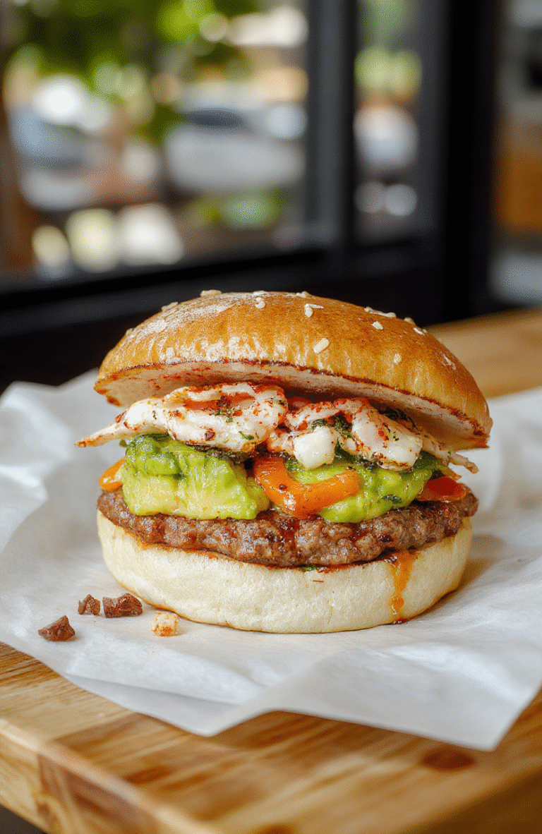 Bunter Sushi Burger mit goldbraunem Lachs, cremiger grüner Avocado, rotem Sesam, auf einem weißen Teller serviert, umgeben von frischen Kräutern und weichem Sushi-Reis, helle natürliche Beleuchtung, ansprechende Präsentation, moderne Ästhetik