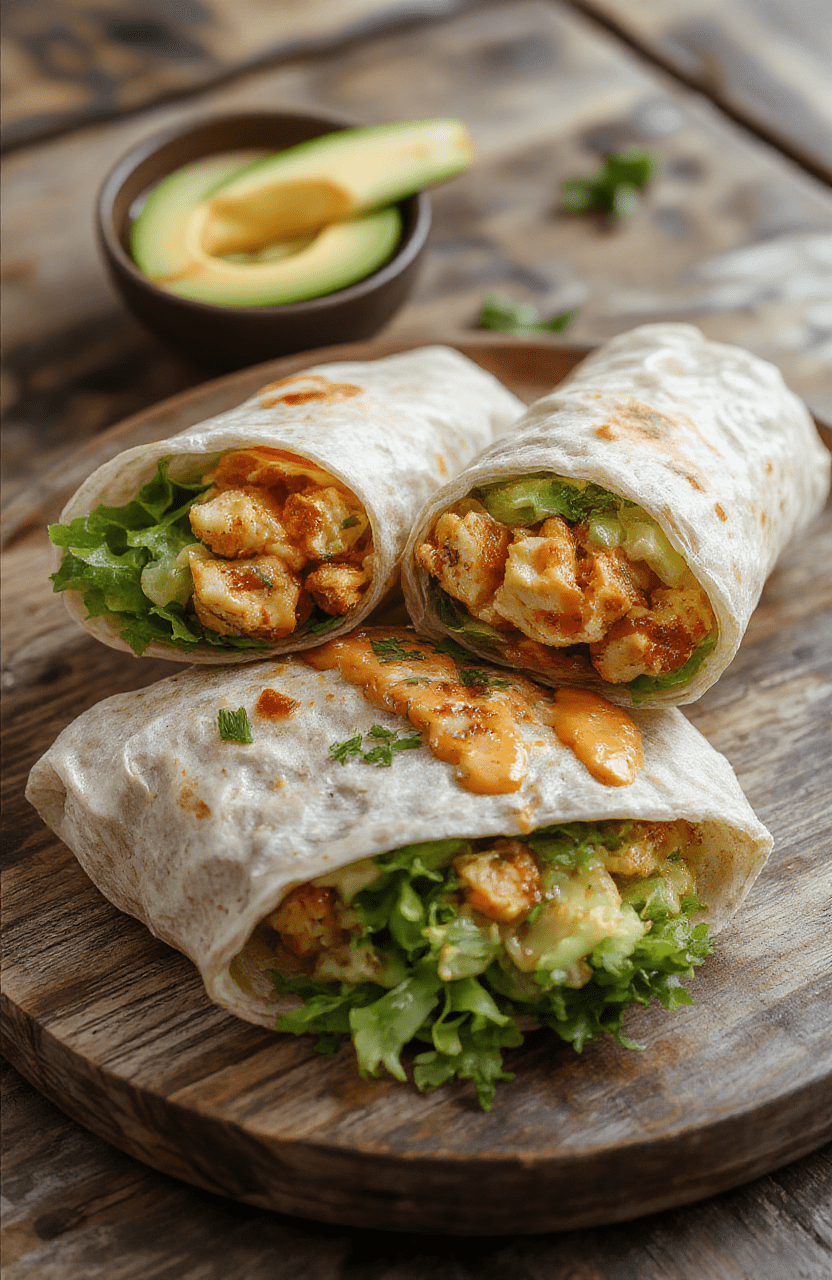 Colorful Thai peanut chicken wraps arranged on a rustic plate with visible fresh ingredients like shredded chicken, crunchy vegetables, and creamy peanut sauce, styled with chopped herbs and lime wedges, with a vibrant backdrop emphasizing contrast and freshness.