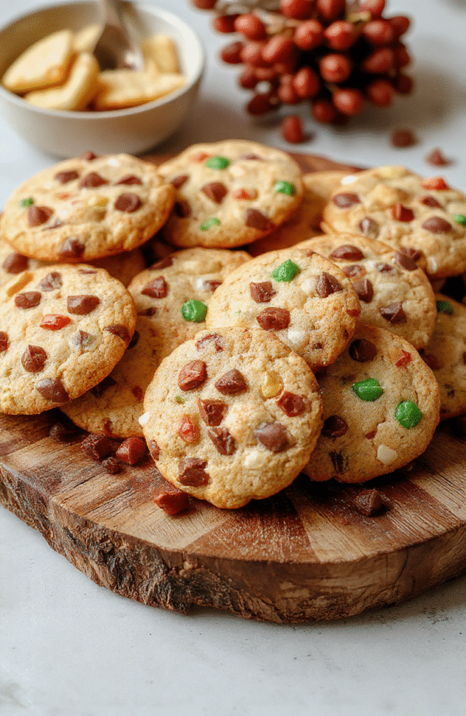 A colorful assortment of homemade holiday cookies arranged on a rustic wooden platter, featuring sugar cookies, gingerbread men, and peppermint bark, all beautifully decorated with sprinkles and icing, with a festive background of holiday decorations and pine greenery.