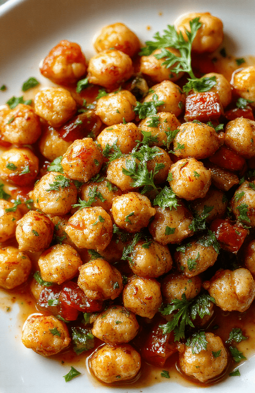 Vibrant golden chickpeas glazed with spices arranged artfully on a rustic white plate, topped with fresh herbs, surrounded by colorful vegetables and sprinkled with sesame seeds, styled on a natural wooden table with soft daylight highlighting textures.