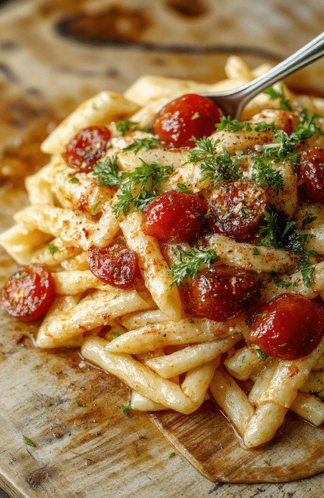Bunte Tomatensauce mit Knoblauch über al dente Pasta auf einem weißen Teller. Frische Basilikumblätter und Olivenöl-Tropfen sind sichtbar, bei natürlichem Licht fotografiert, mit weichen Schatten und ansprechender Textur.