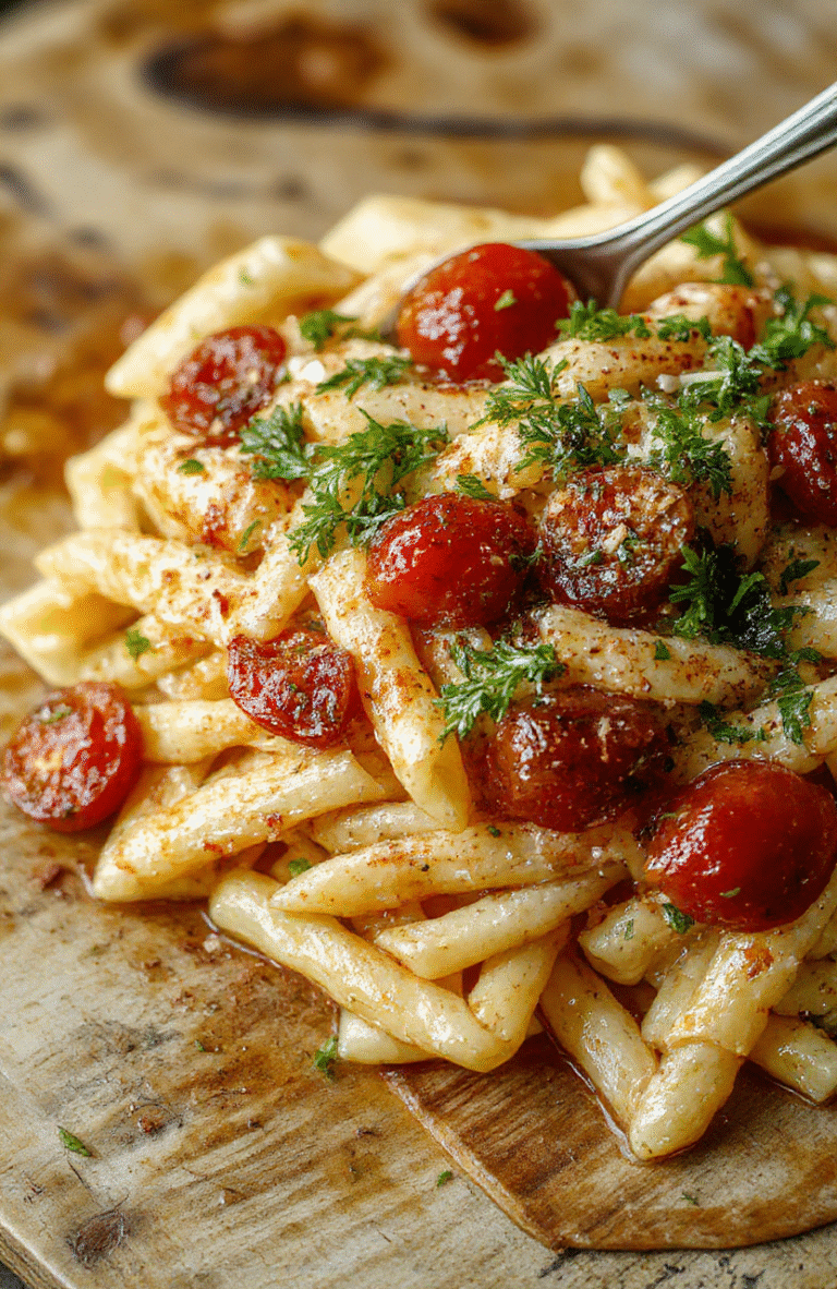 Bunte Tomatensauce mit Knoblauch über al dente Pasta auf einem weißen Teller. Frische Basilikumblätter und Olivenöl-Tropfen sind sichtbar, bei natürlichem Licht fotografiert, mit weichen Schatten und ansprechender Textur.