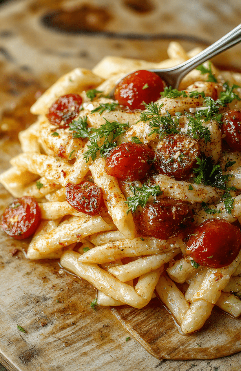 Bunte Tomatensauce mit Knoblauch über al dente Pasta auf einem weißen Teller. Frische Basilikumblätter und Olivenöl-Tropfen sind sichtbar, bei natürlichem Licht fotografiert, mit weichen Schatten und ansprechender Textur.