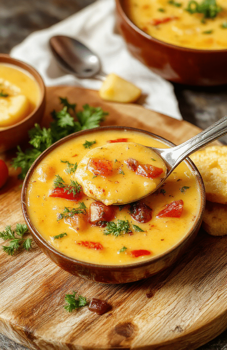 Bunte Tomatensuppe in einer weißen Schüssel, garniert mit frischen Kräutern, neben einem Löffel auf einem hellen Holztisch, die Textur der Suppe ist cremig und glatt, mit kleinen Stückchen von Tomaten sichtbar, stilvoll angerichtet.
